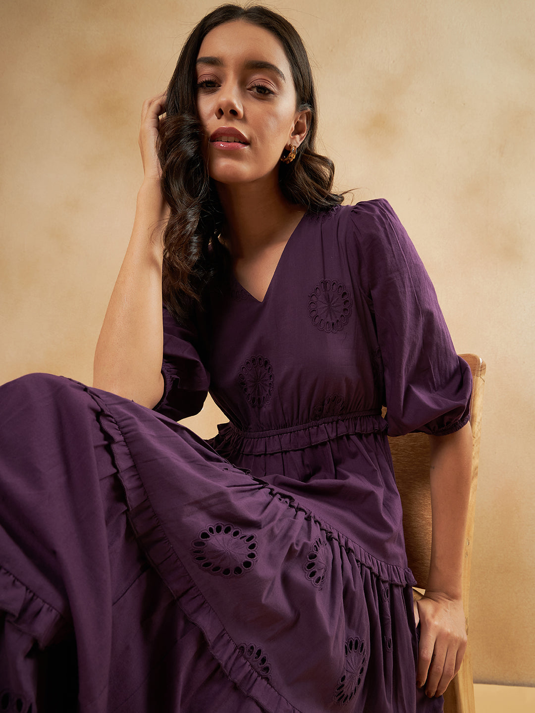 Purple Cotton Schiffli Tiered  Maxi Dress