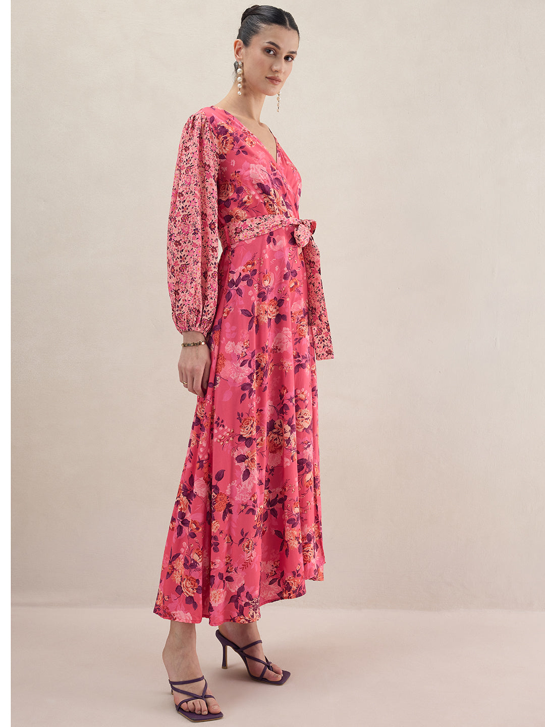 Pink Floral Printed Wrap Maxi Dress