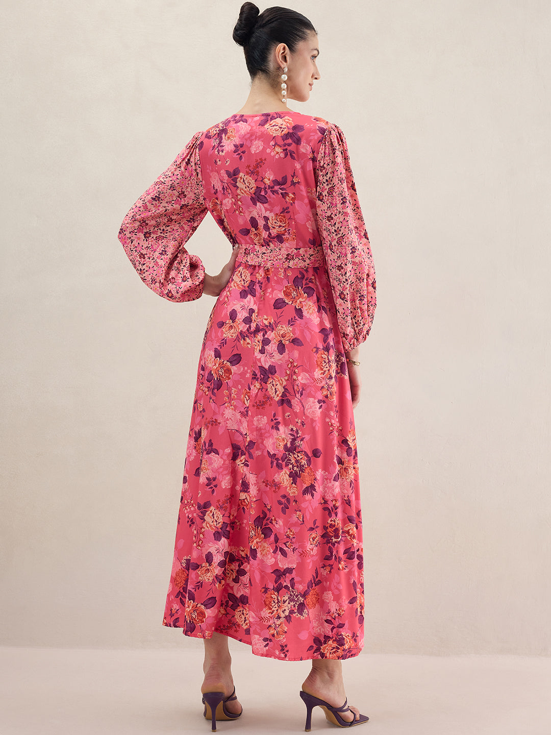 Pink Floral Printed Wrap Maxi Dress