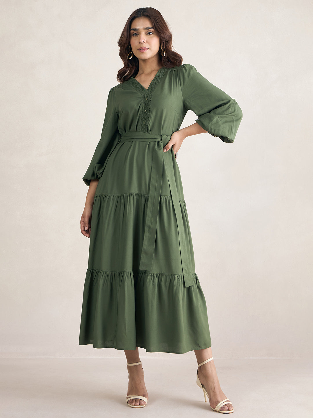 Olive Smocked Detailed Tiered Maxi Dress
