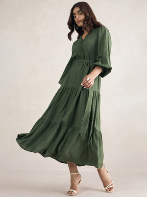 Olive Smocked Detailed Tiered Maxi Dress