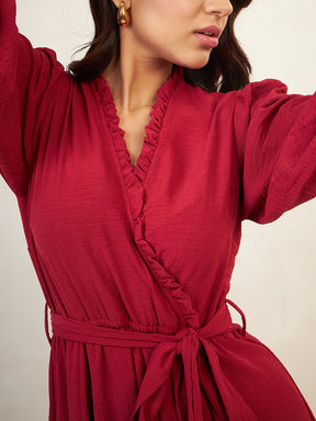Red Crinkle Wrap Midi Dress