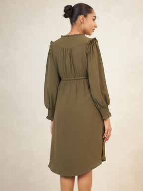 Olive Crinkle Drawstring Detail Midi Dress