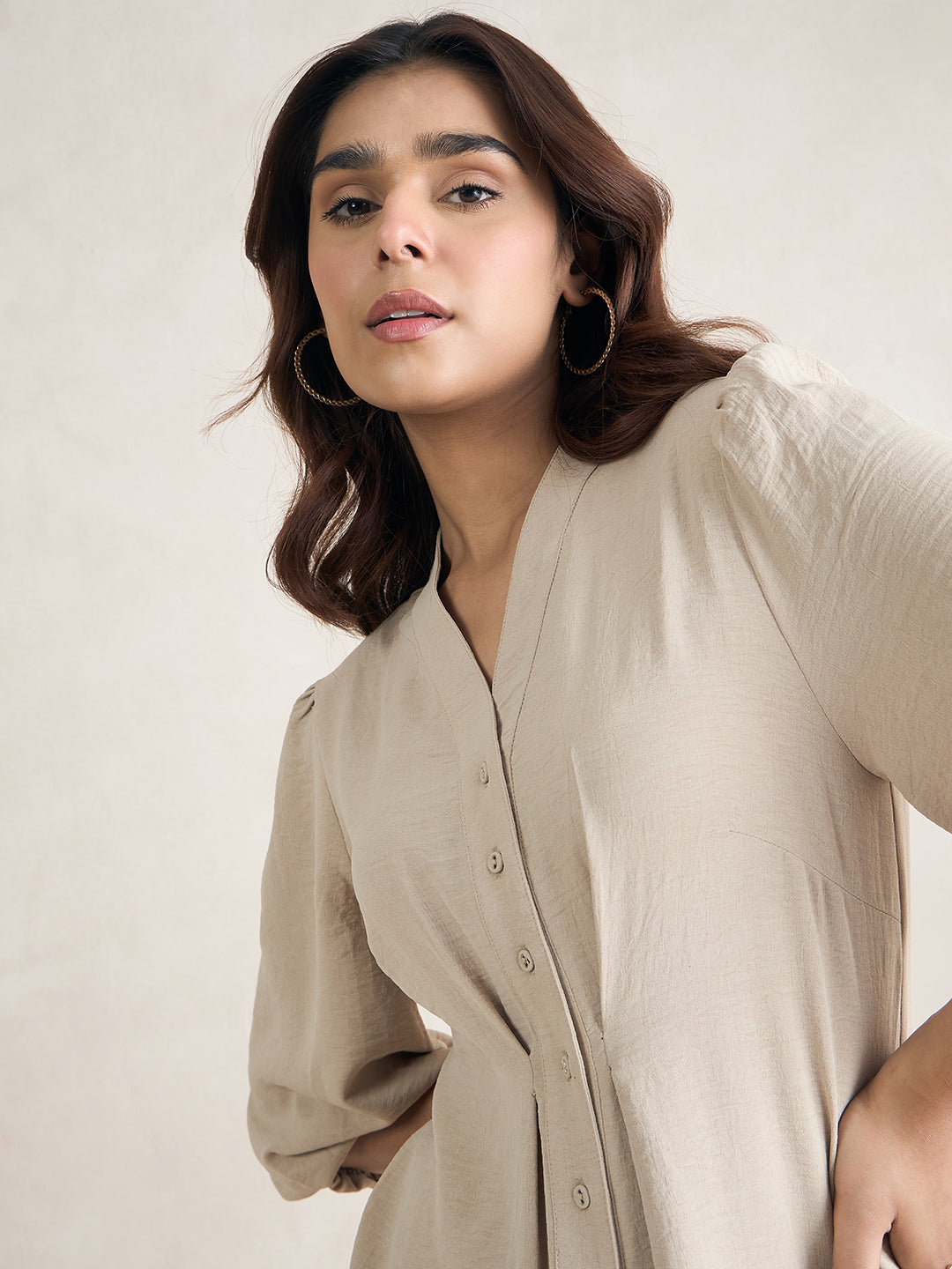 Beige Button Down Midi Dress