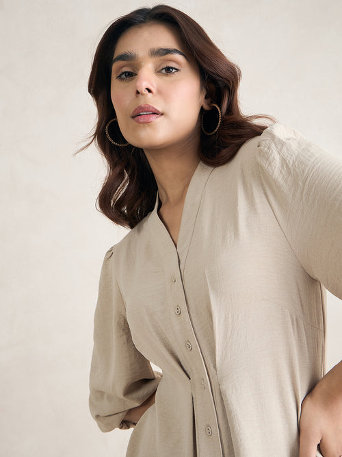 Beige Button Down Midi Dress