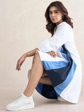 White A-Line Colorblock Knee Length Dress