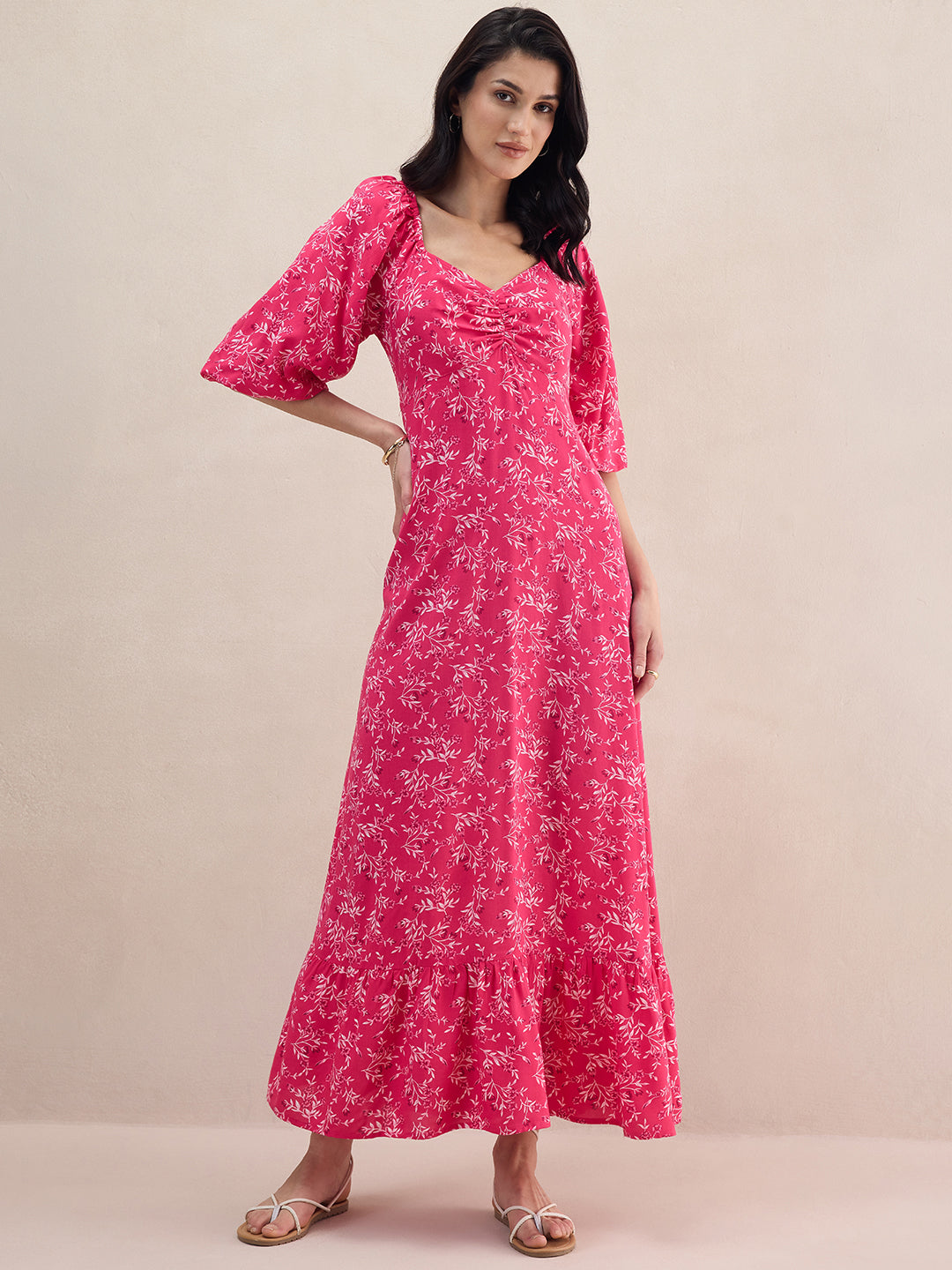 Pink Floral Printed Tiered Maxi Dress