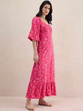 Pink Floral Printed Tiered Maxi Dress