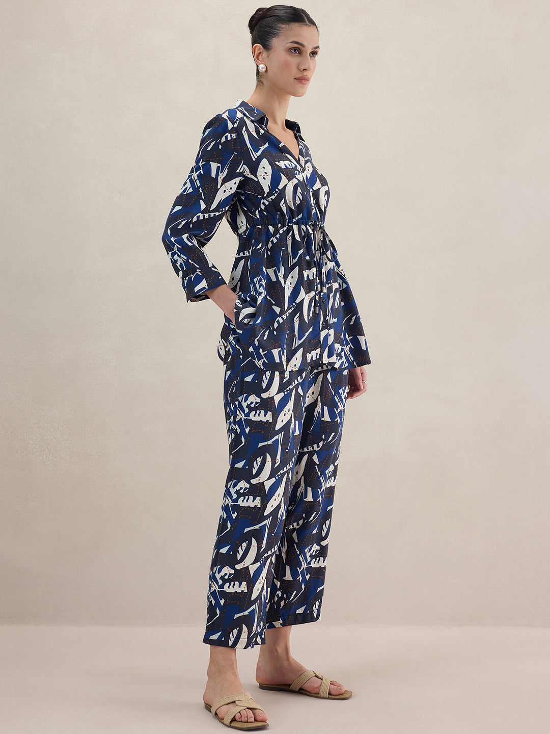 Blue Abstract Printed Button Down Drawstring Co-Ord Set