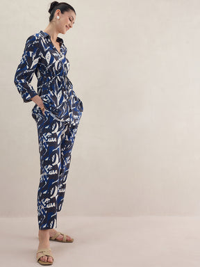 Blue Abstract Printed Button Down Drawstring Co-Ord Set