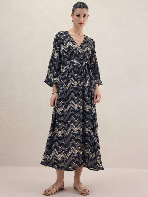 Black Abstract Printed Wrap Maxi Dress
