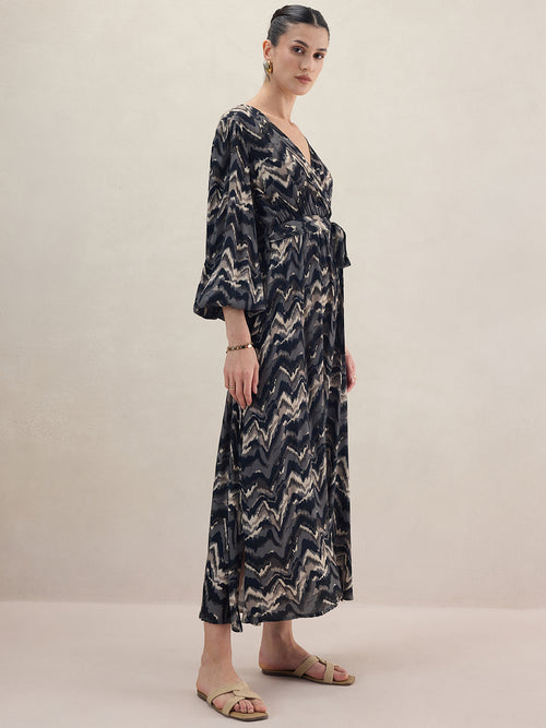 Black Abstract Printed Wrap Maxi Dress