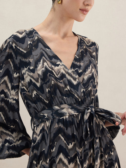 Black Abstract Printed Wrap Maxi Dress