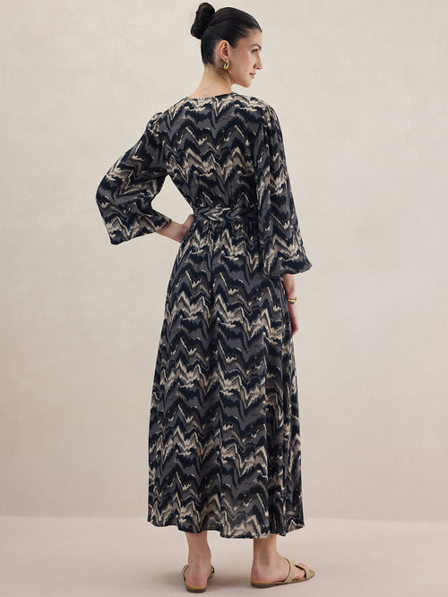 Black Abstract Printed Wrap Maxi Dress