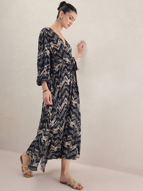 Black Abstract Printed Wrap Maxi Dress