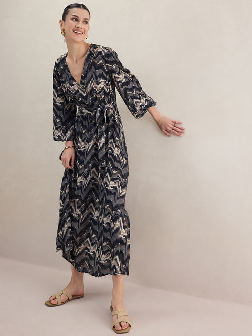 Black Abstract Printed Wrap Maxi Dress