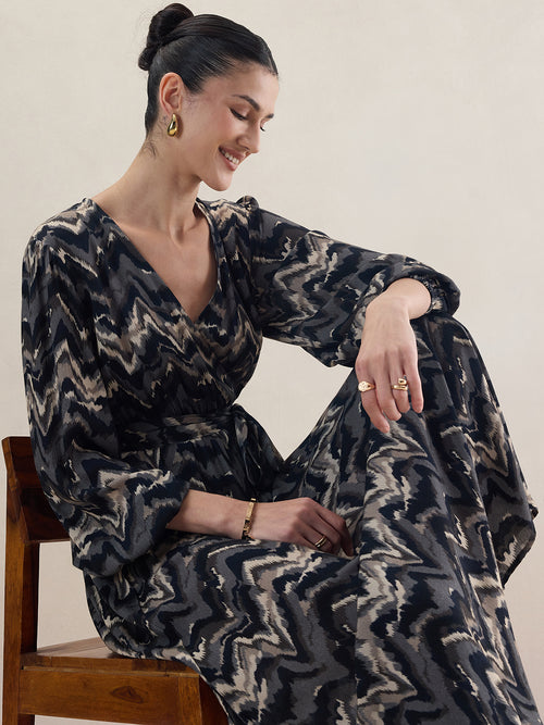 Black Abstract Printed Wrap Maxi Dress