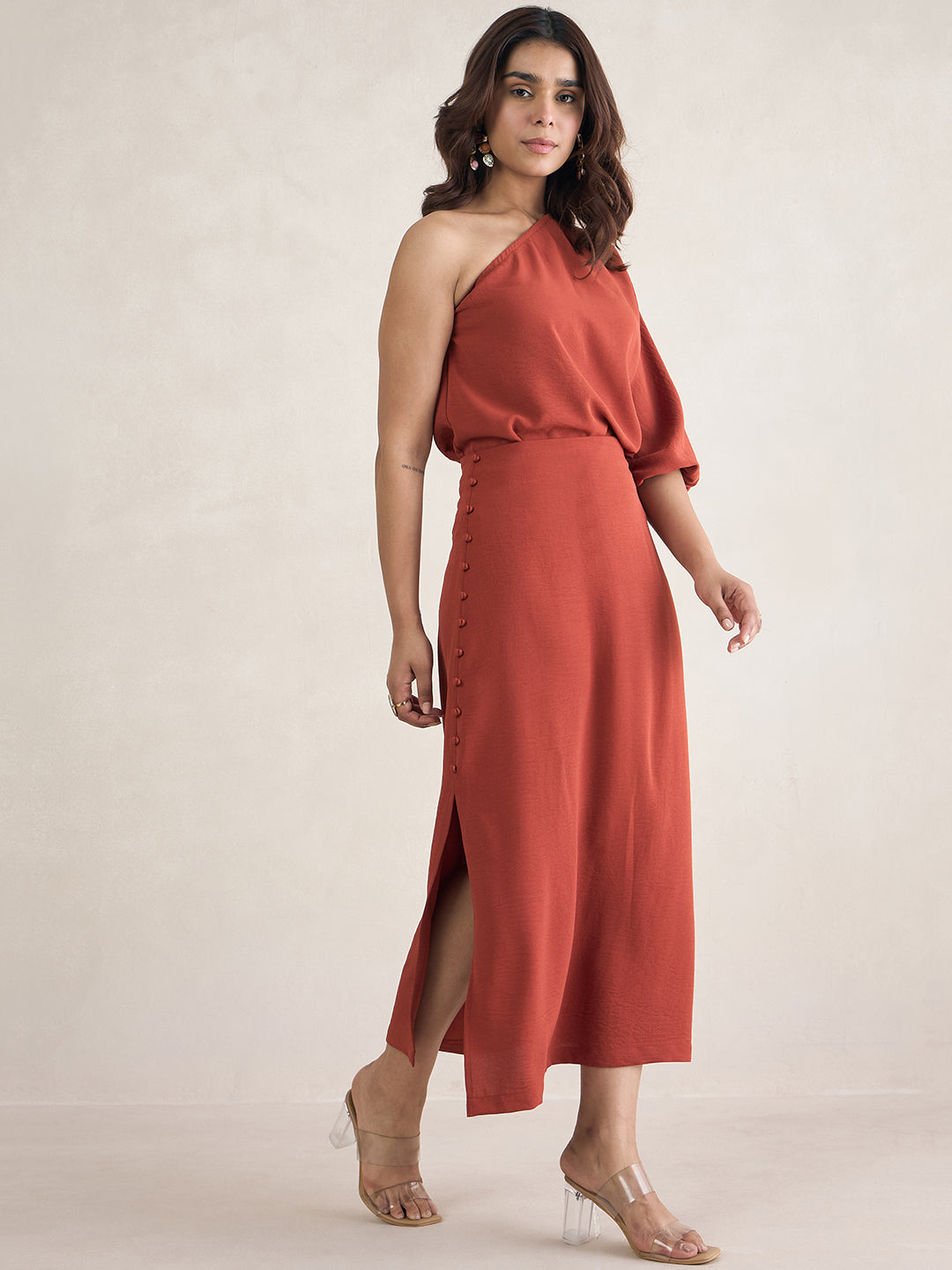 Rust One Shoulder Skirt Co-Ord Set