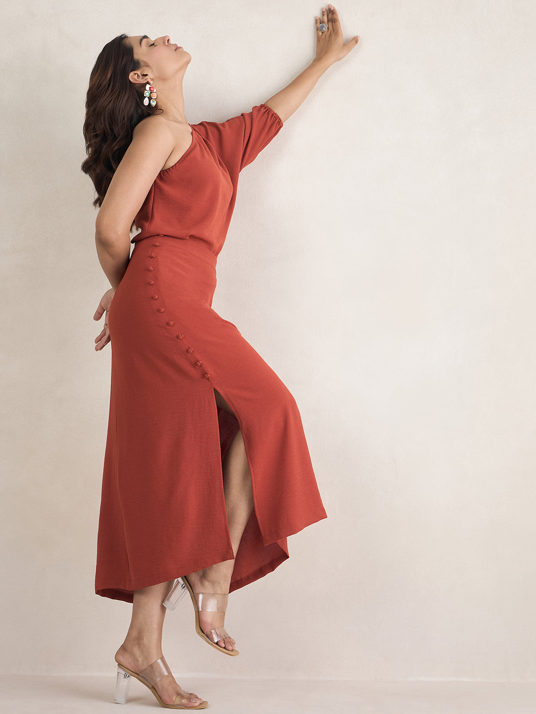 Rust One Shoulder Skirt Co-Ord Set