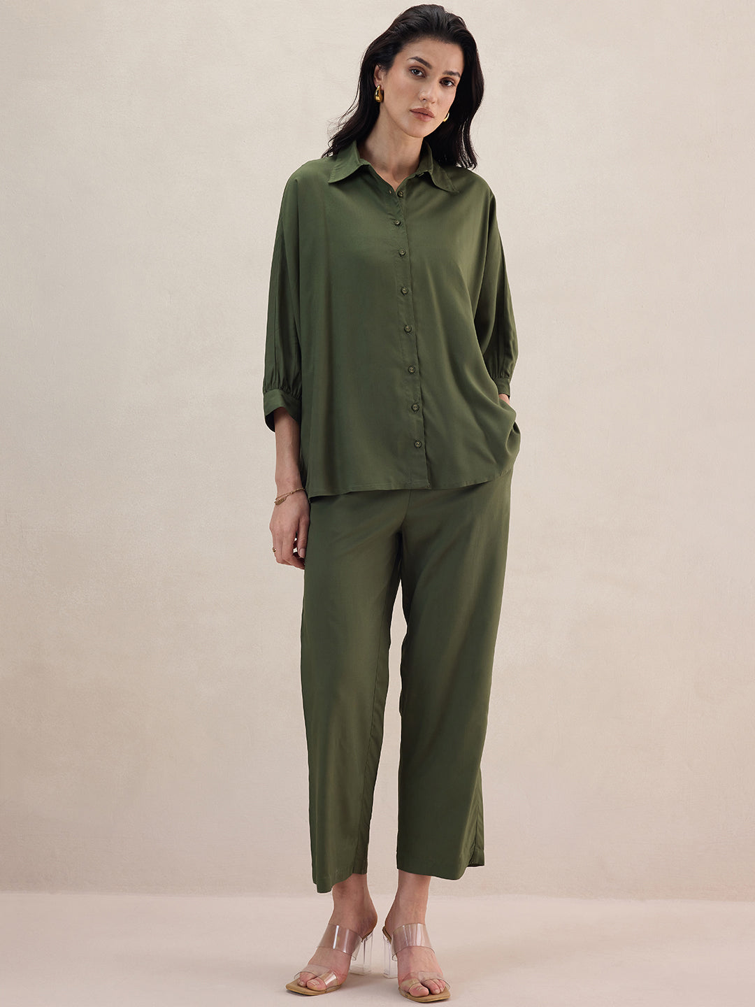 Olive Kimono Sleeve Shirt Co-Ord Set