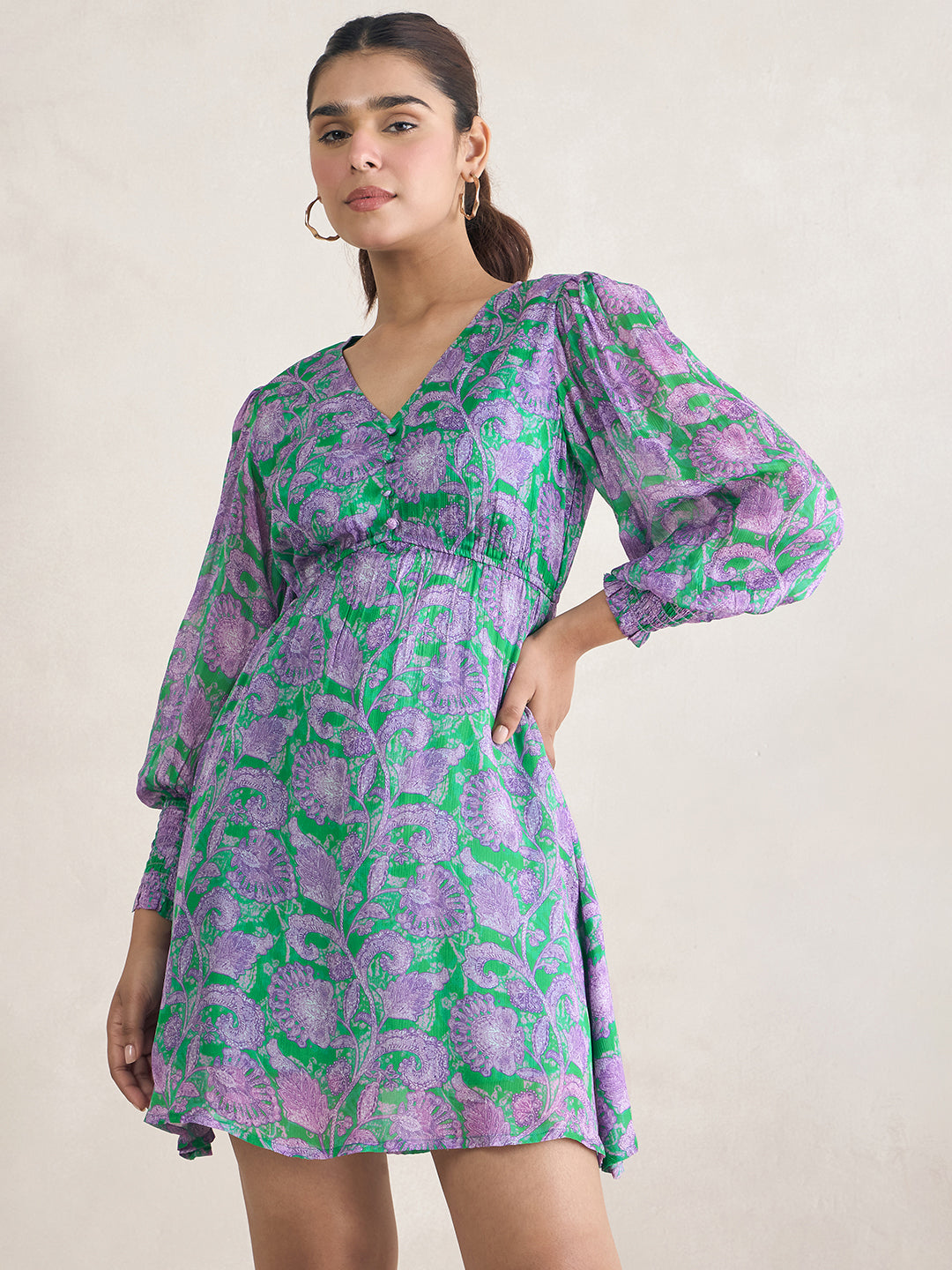 Green Floral Print V-Neck Mini Dress