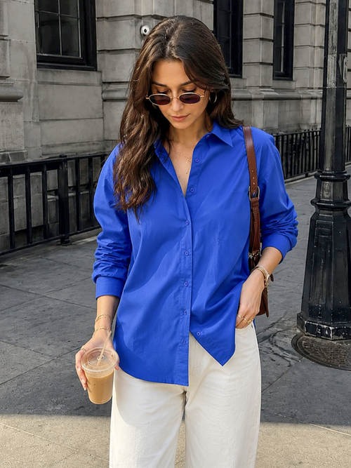 CrispCotton Royal Blue Back Button Detail Shirt