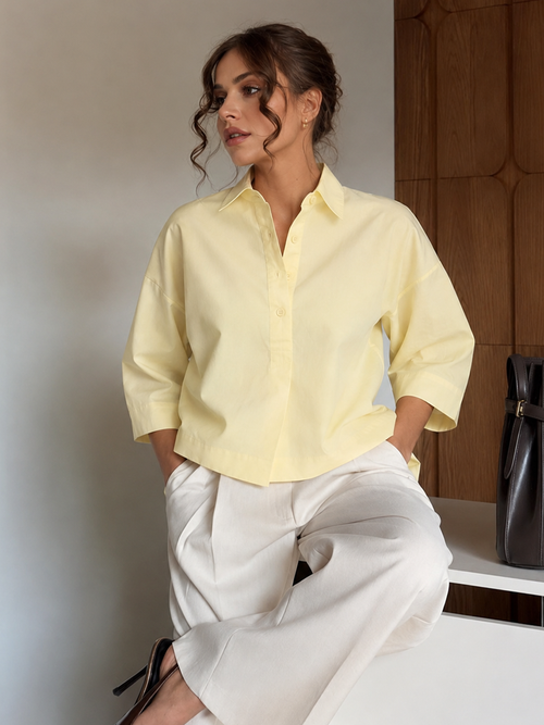 CrispCotton Butter Yellow Pleat Detail Shirt