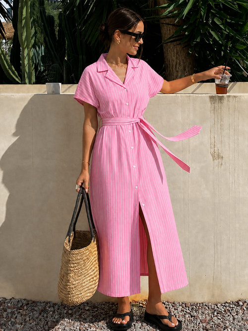 Pink Stripe Button Down Calf Length Dress