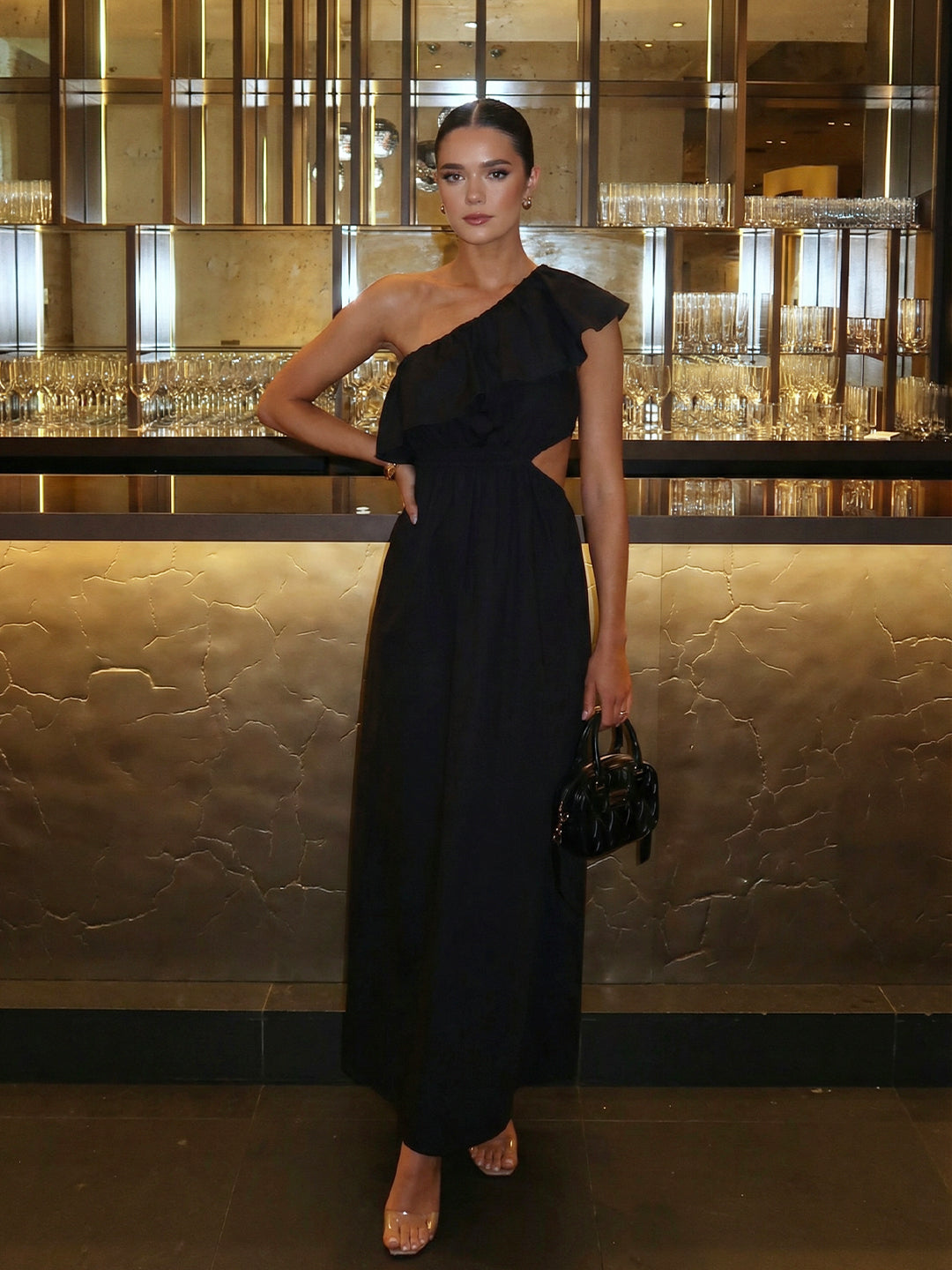 Black One Shoulder Cut Out Maxi Dress