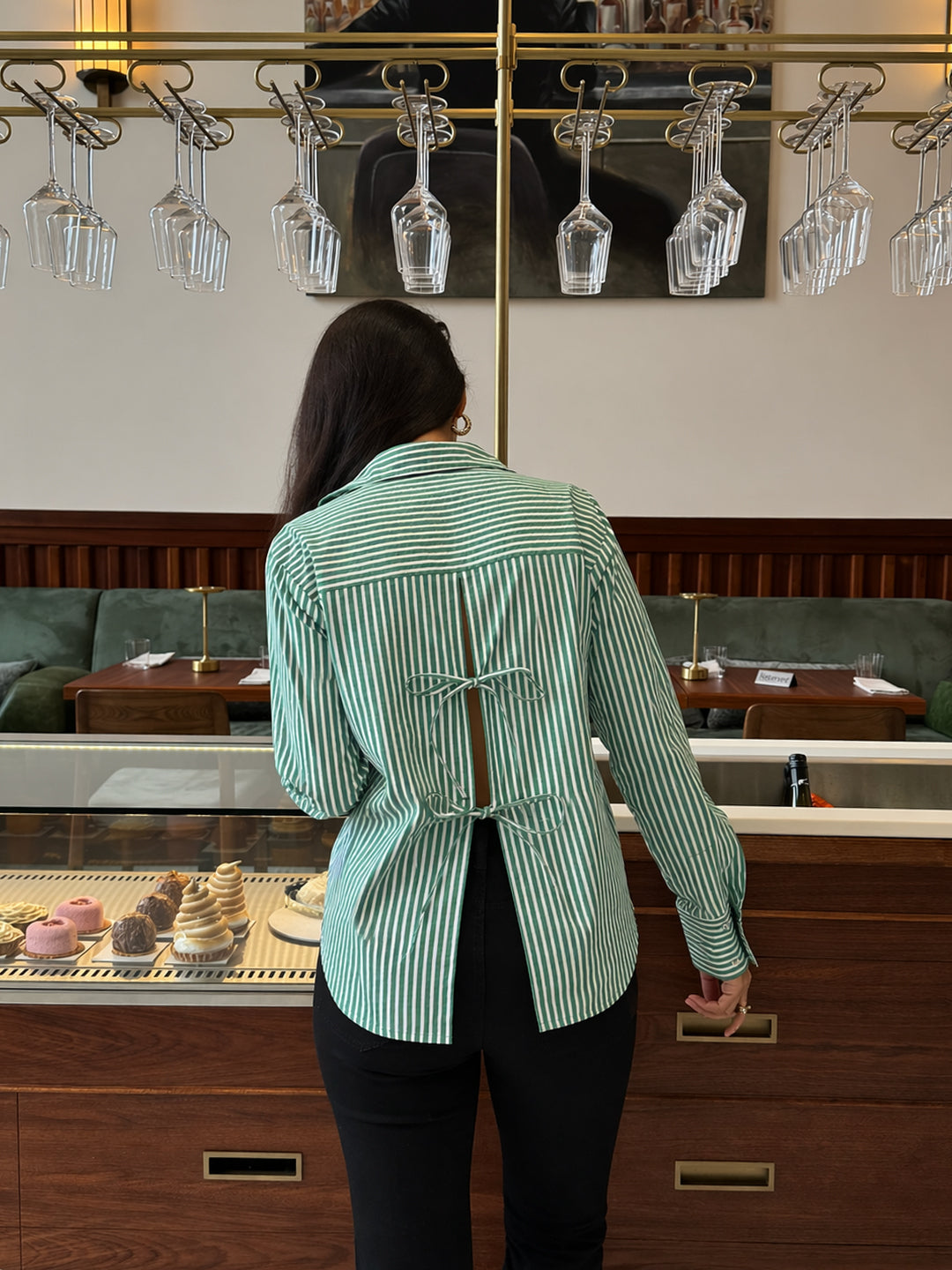Green Stripe Back Tie-Up Detail Shirt