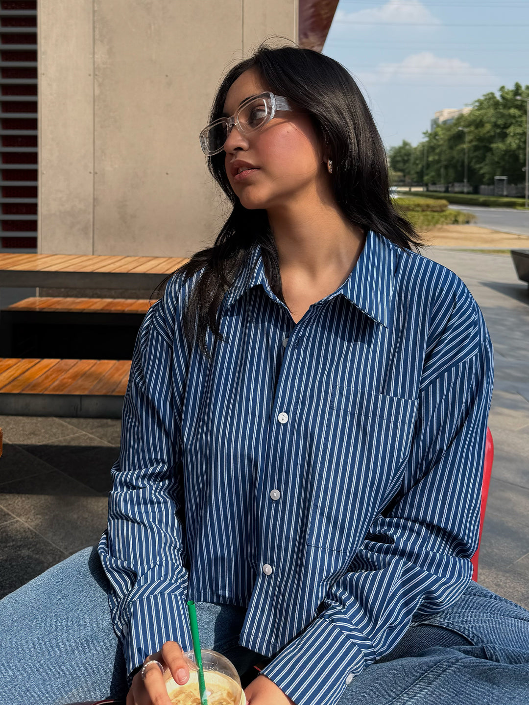 Navy Stripe Straight-Hem Crop Shirt
