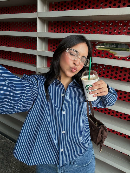 Navy Stripe Straight-Hem Crop Shirt