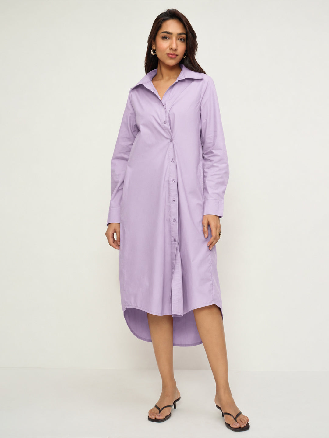CrispCotton Lilac Asymmetrical Shirt Midi Dress