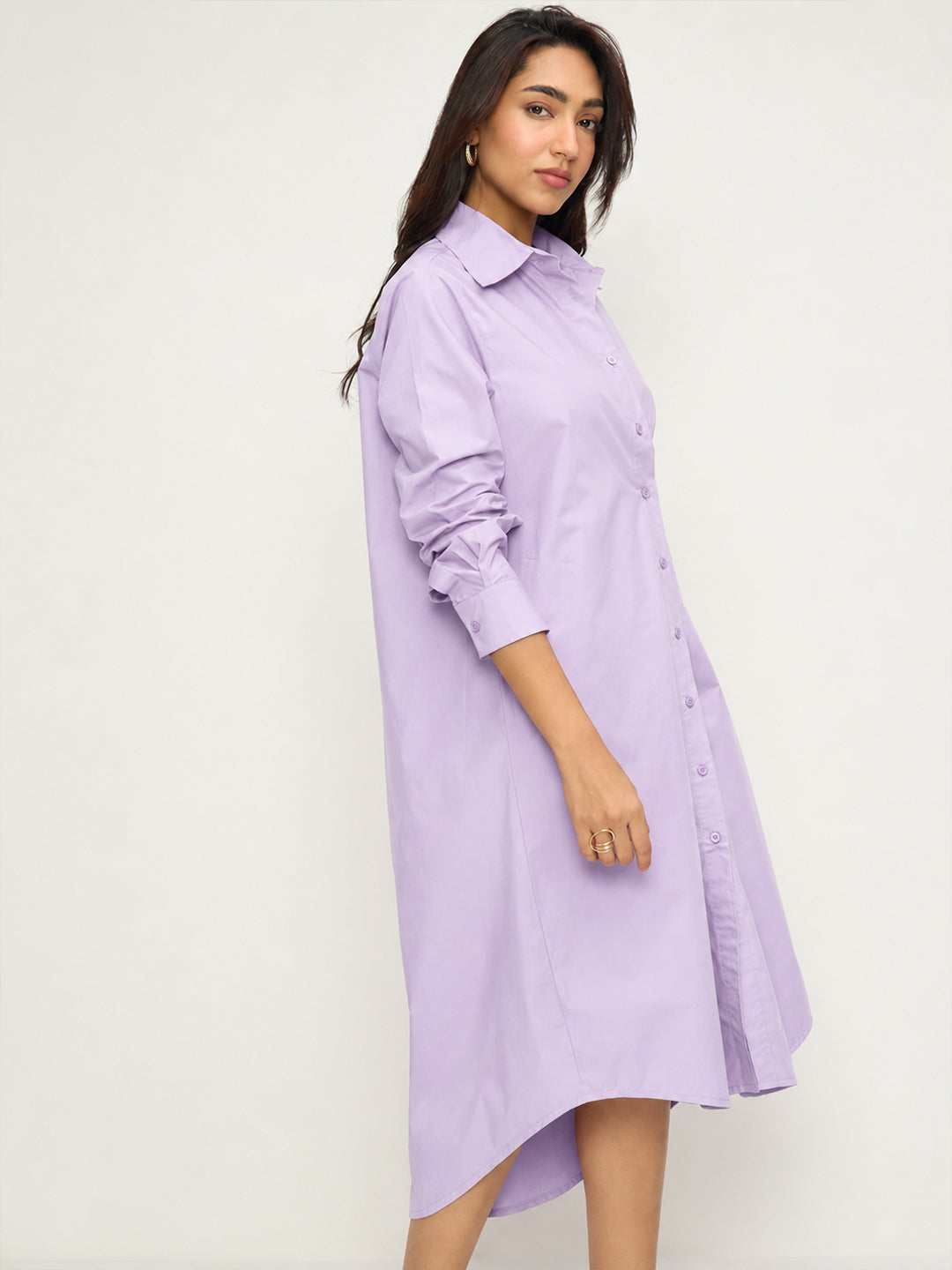 CrispCotton Lilac Asymmetrical Shirt Midi Dress