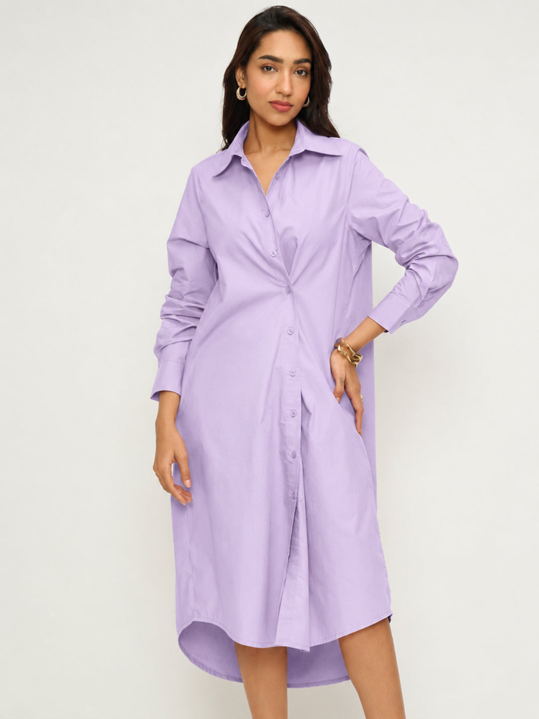 CrispCotton Lilac Asymmetrical Shirt Midi Dress