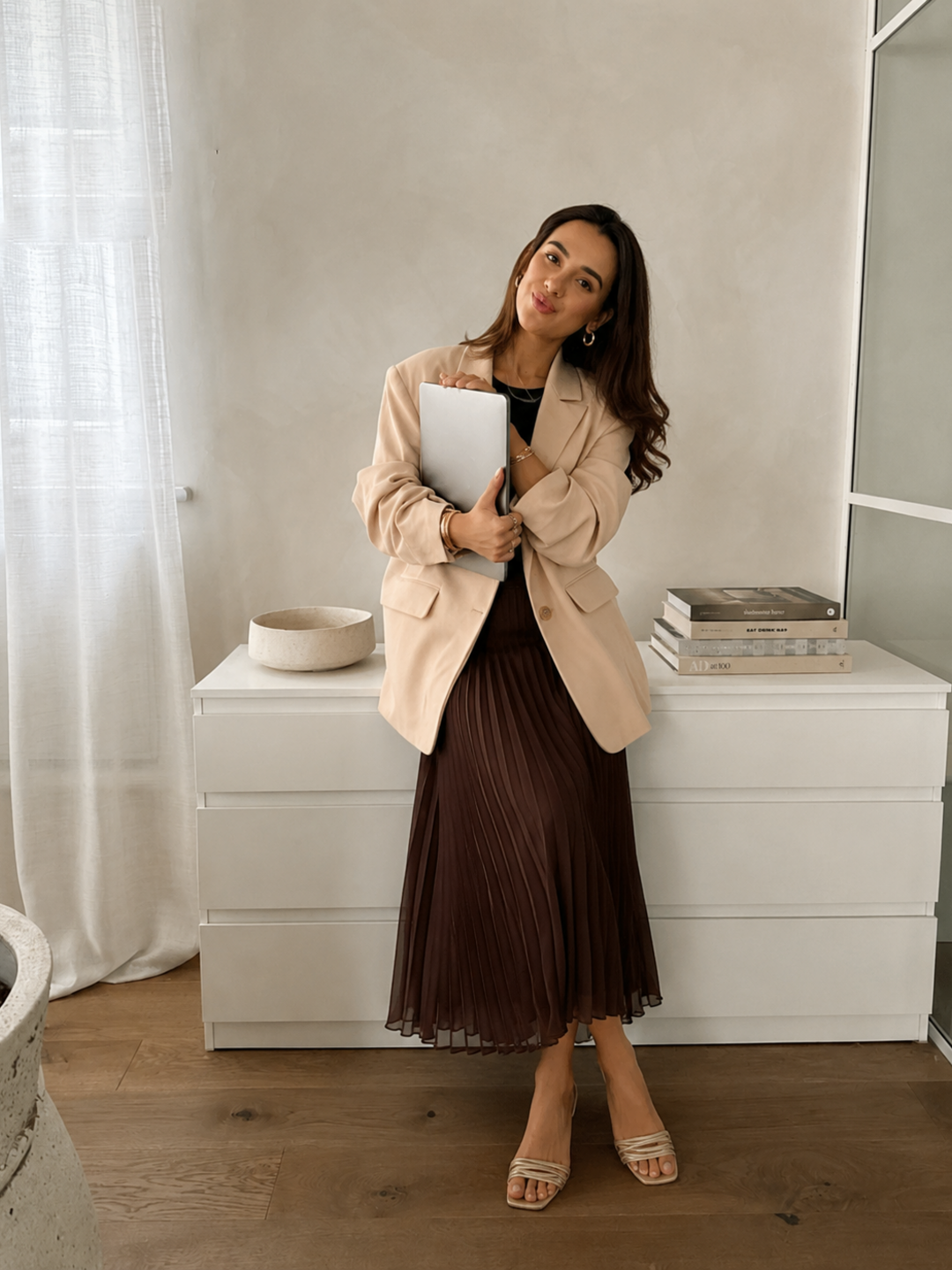 Brown Pleated Midi Skirt