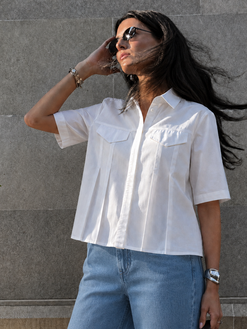 White Cotton Pleated Crop Shirt