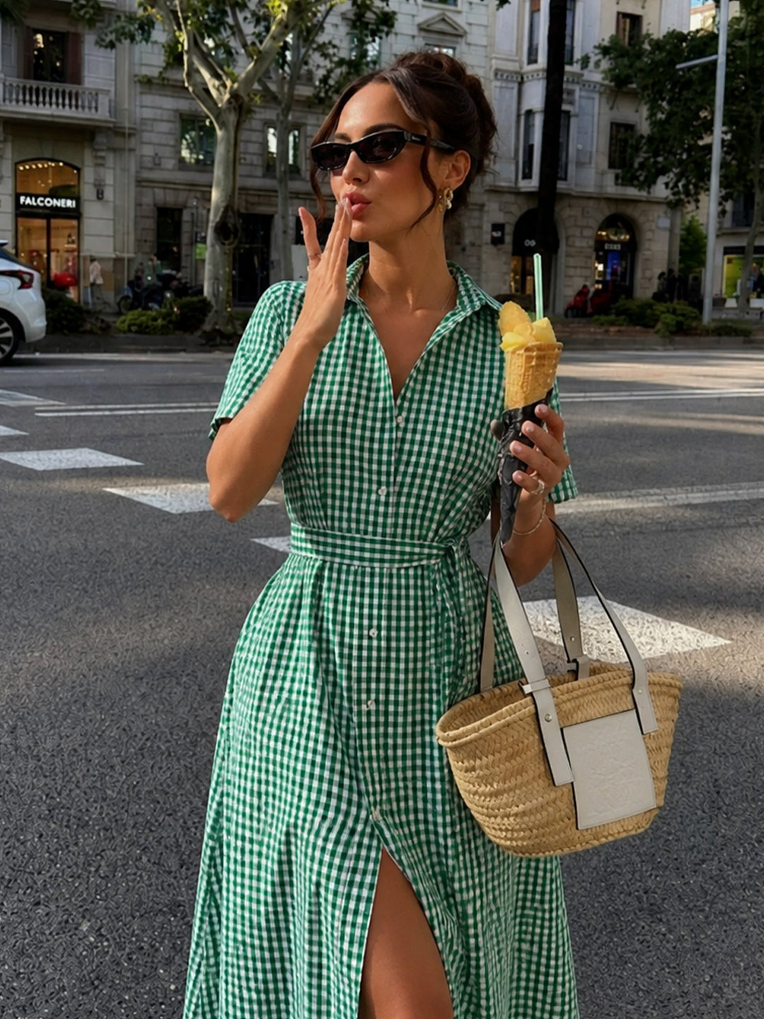 Green Gingham Button Down Midi Dress