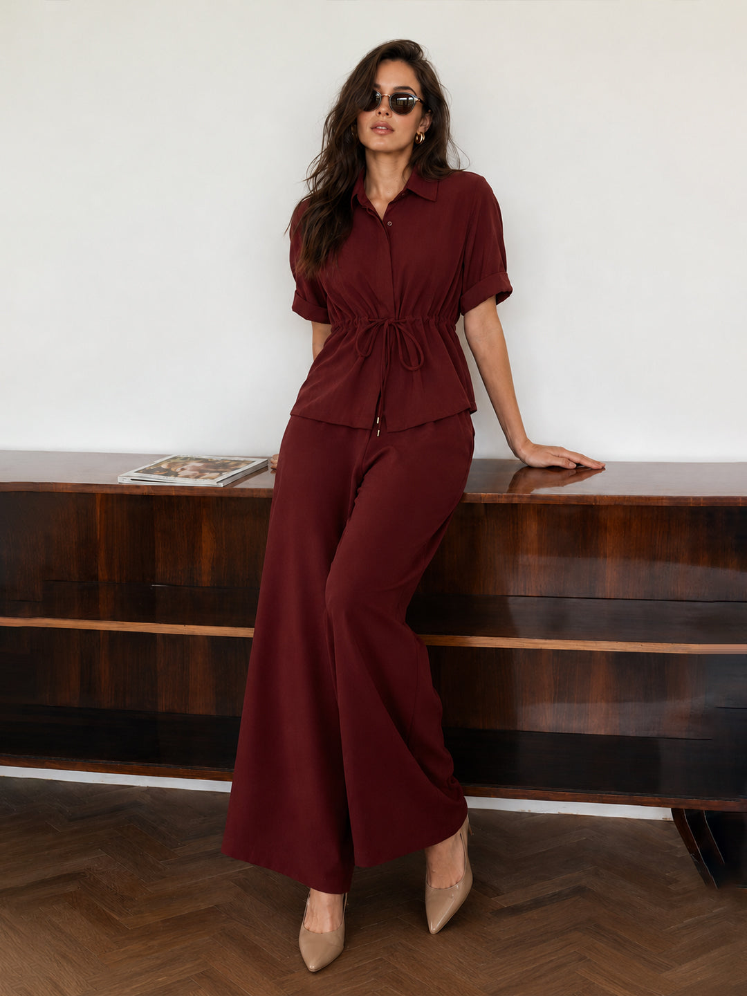 Maroon Drawstring Detail Co-Ord Set
