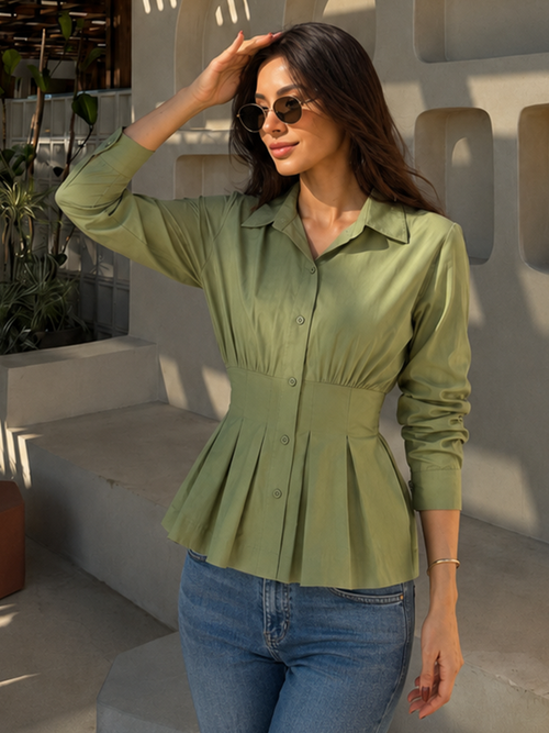 CrispCotton Sage Cinched Waist Shirt