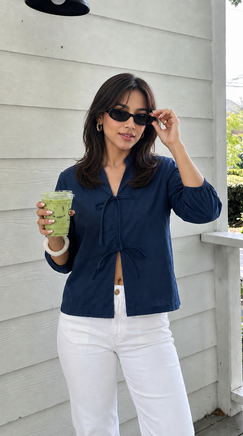 PaperLite Poplin Navy Tie-Up Top