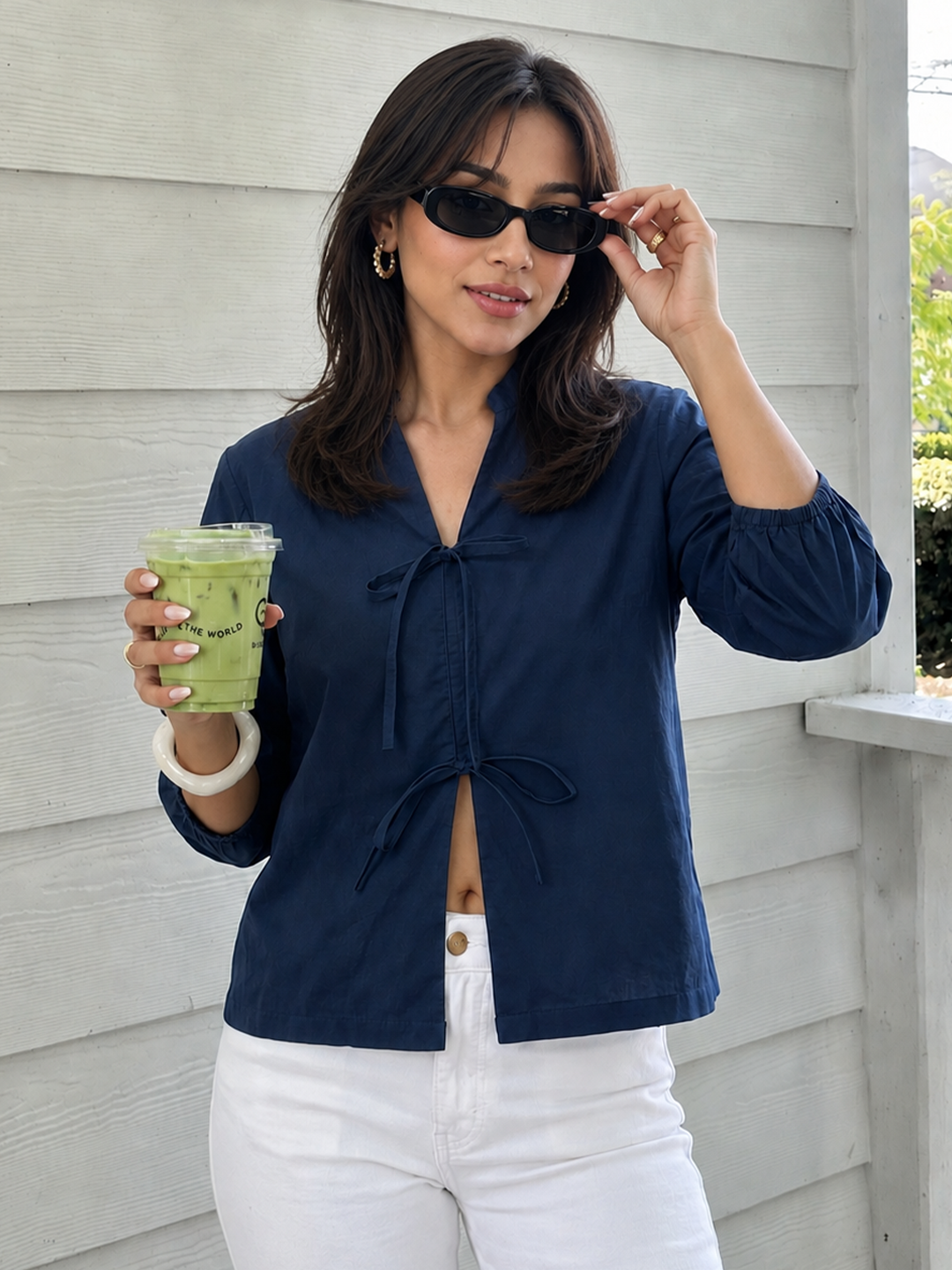 PaperLite Poplin Navy Tie-Up Top