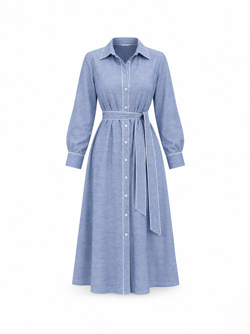 Blue Chambray Colorblock Shirt Midi Dress