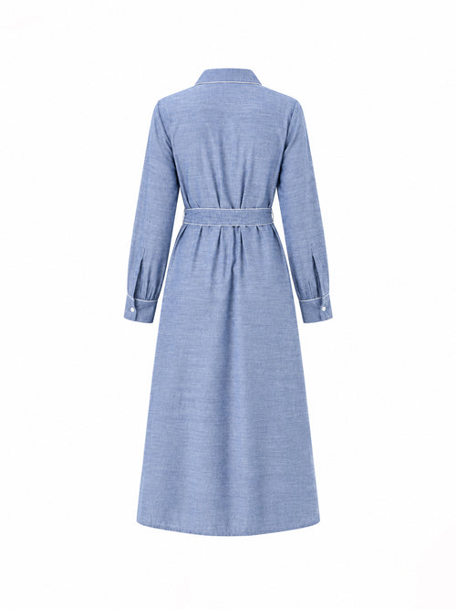 Blue Chambray Colorblock Shirt Midi Dress