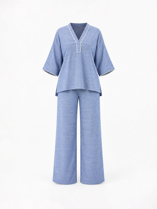 Blue Lace Detail Chambray Co-Ord