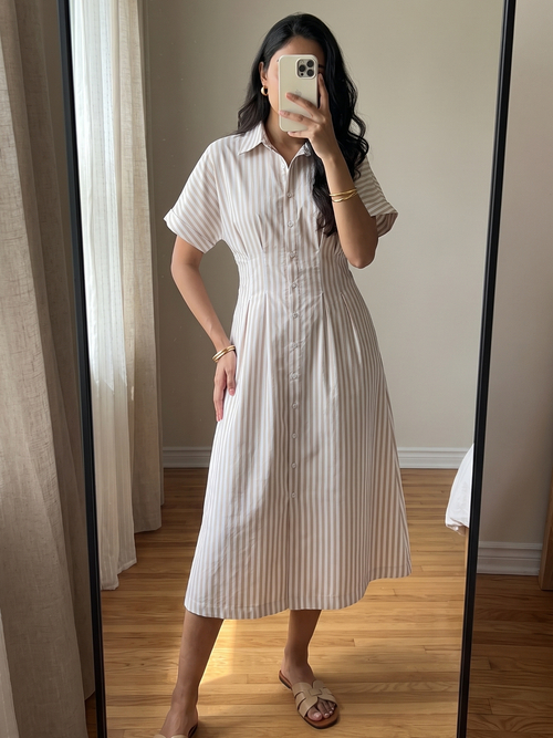 Beige Stripe Pleated Midi Dress