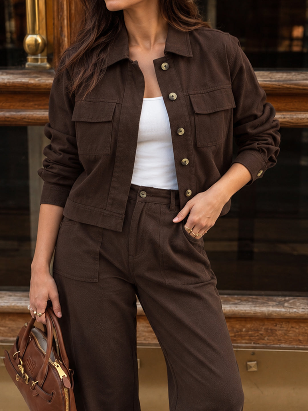 Coffee Brown Twill Crop Shacket