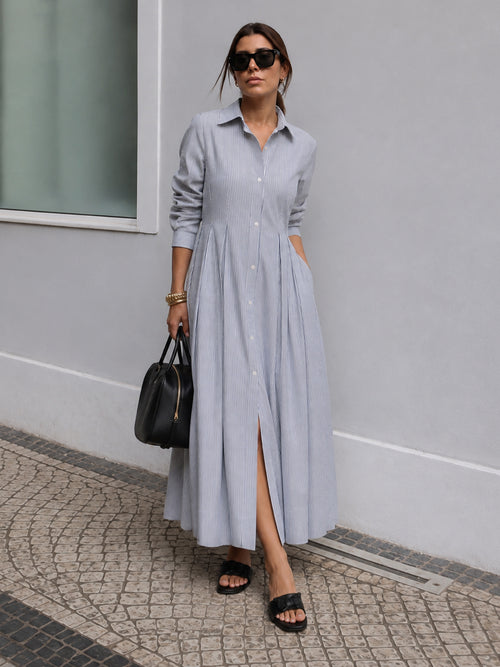 Black Stripe Pleated Ankle Length Dress