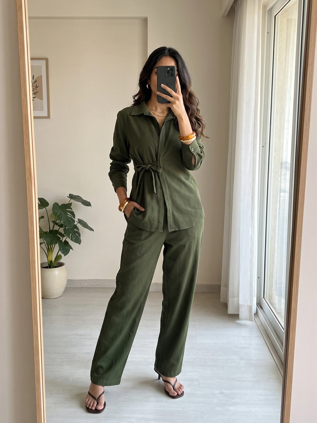 Olive Twill Tie-Up Shirt Co-Ord