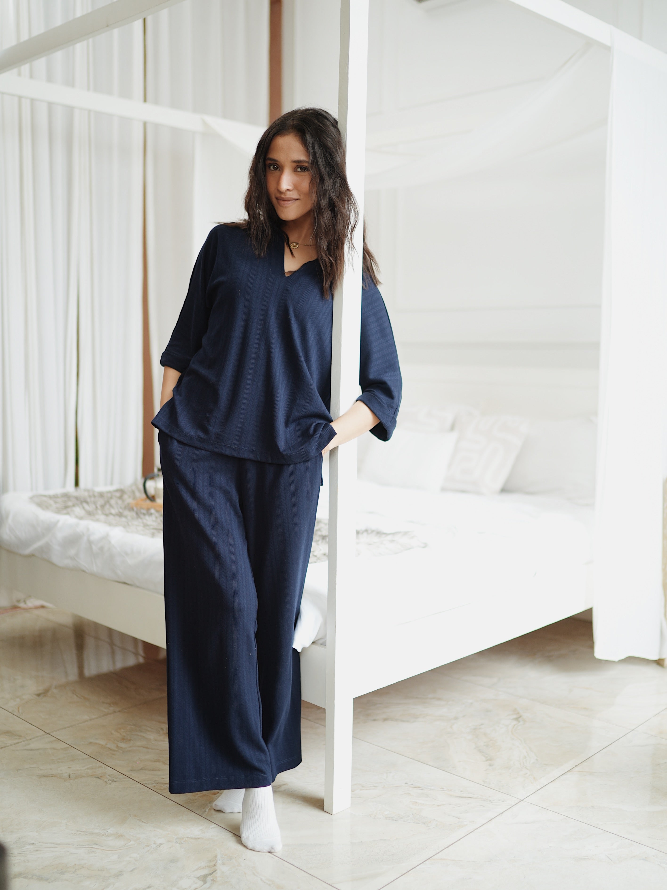 Navy Kimono Textured Jersey Co-Ord Set